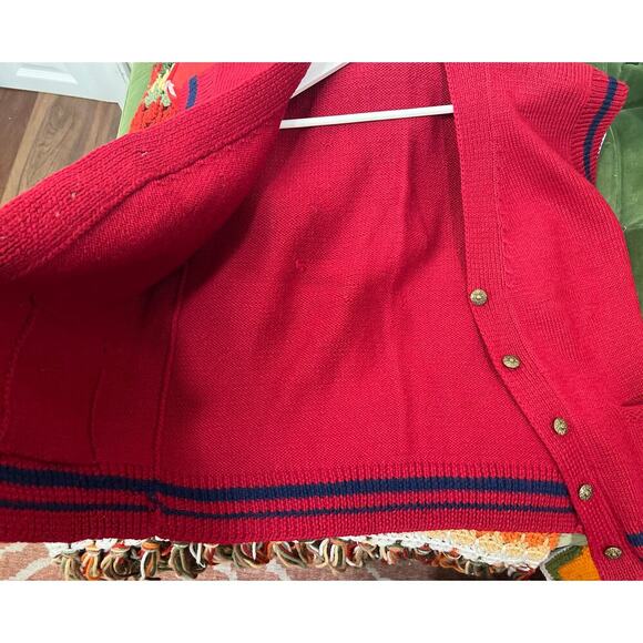 Womens Vintage Preppy V Neck Wool Vest Red Navy Stripe Gold Button L - Picture 7 of 7